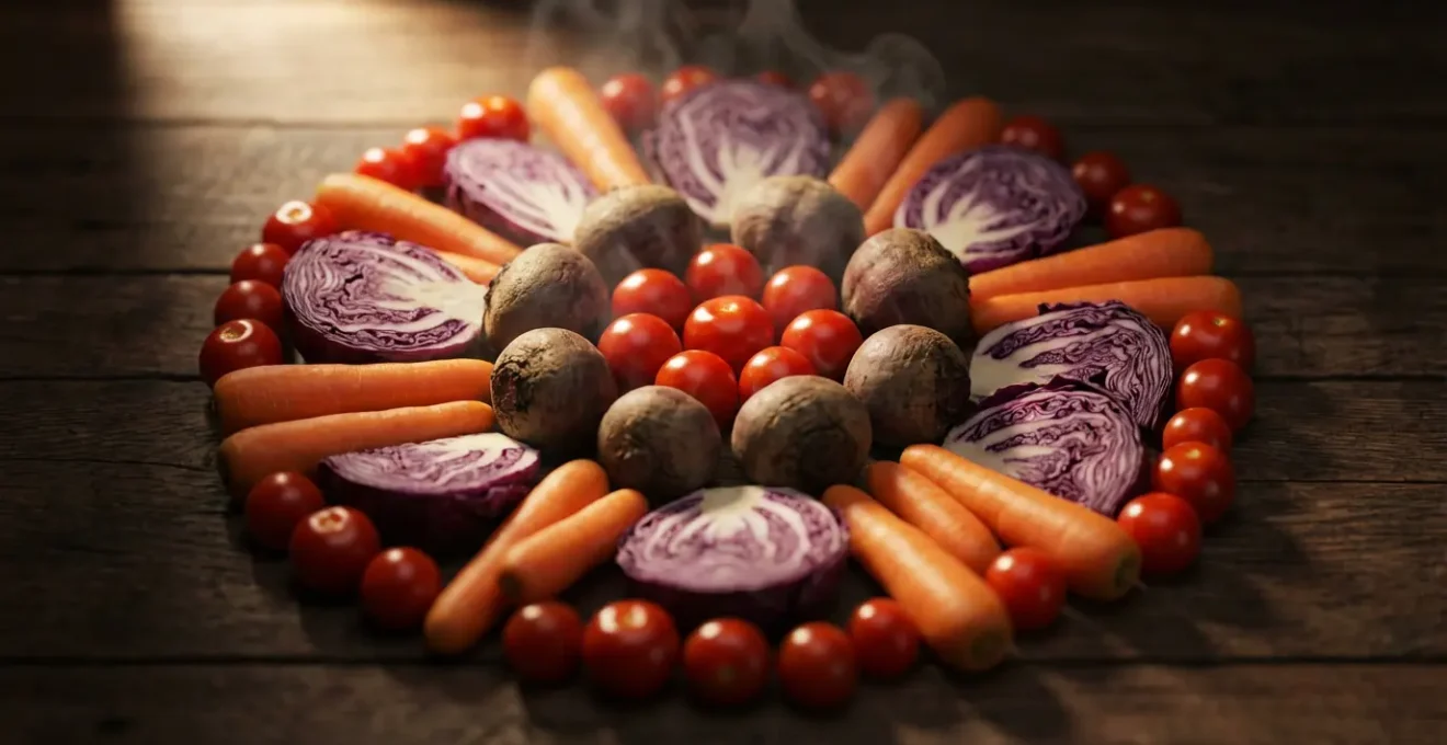 Composizione artistica di verdure rosse e arancioni disposte in cerchio su tavolo di legno