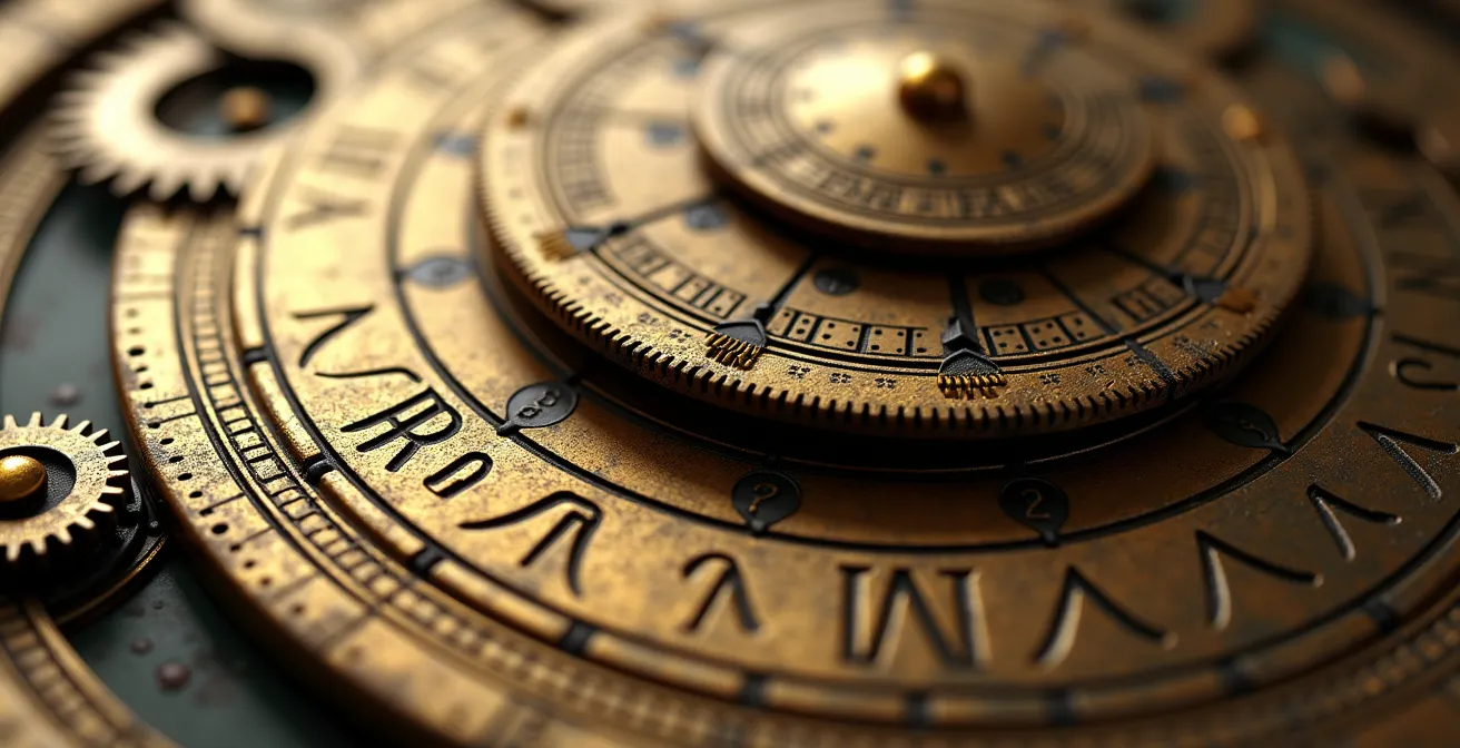 Dettaglio macro di un astrolabio rinascimentale con ingranaggi e meccanismi in ottone