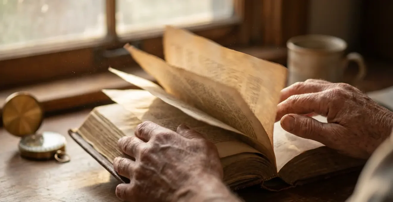 Mani che aprono delicatamente un libro antico con pagine sfocate per la bibliomanzia