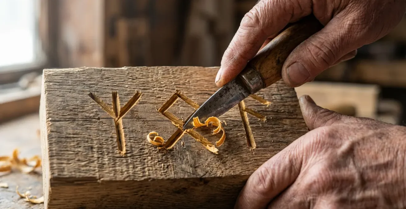 Mani che incidono una bindrune su legno di quercia con strumenti tradizionali