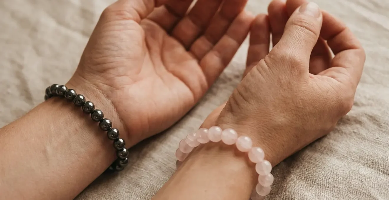 Bracciali di ematite e quarzo rosa posizionati sui polsi per stimolare la circolazione