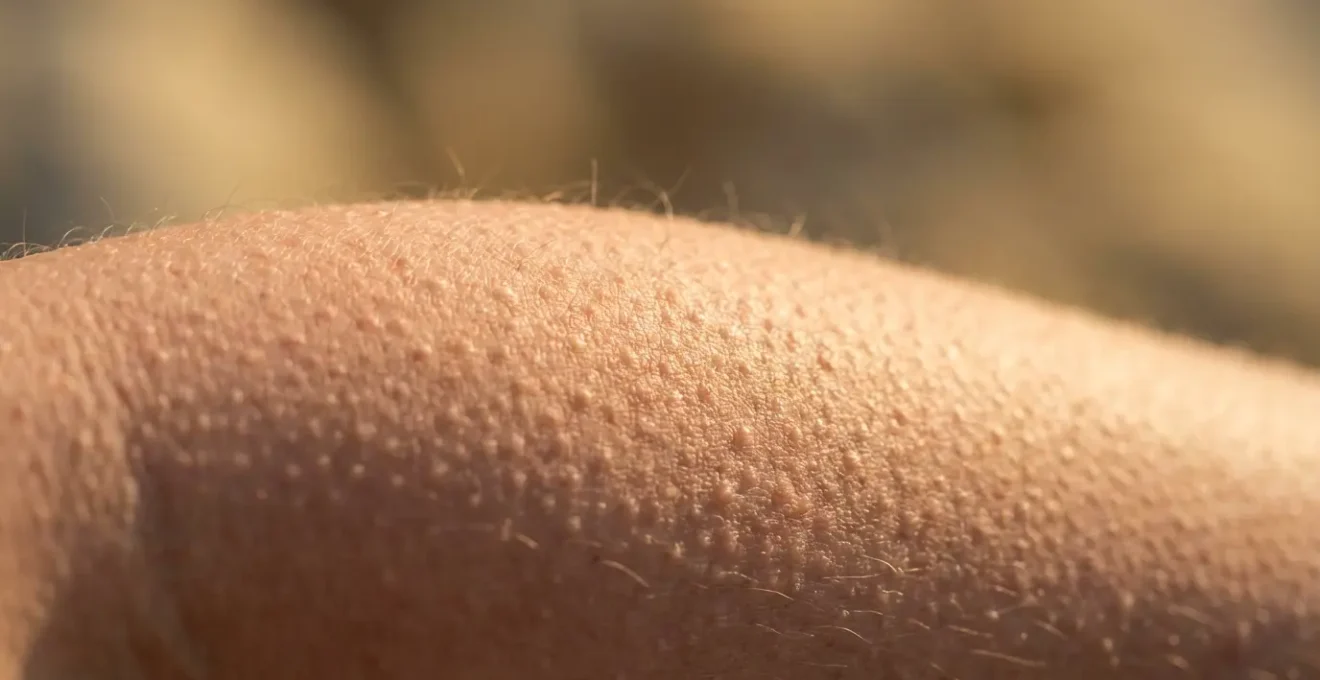 Macro dettaglio di pelle d'oca con luce soffusa dorata che accarezza la superficie