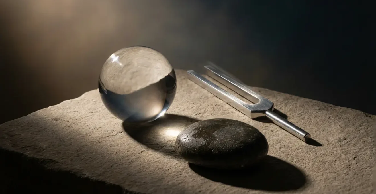 Trittico simbolico con una sfera di cristallo per il canale visivo, un diapason per l'auditivo e una pietra levigata per il cinestesico.