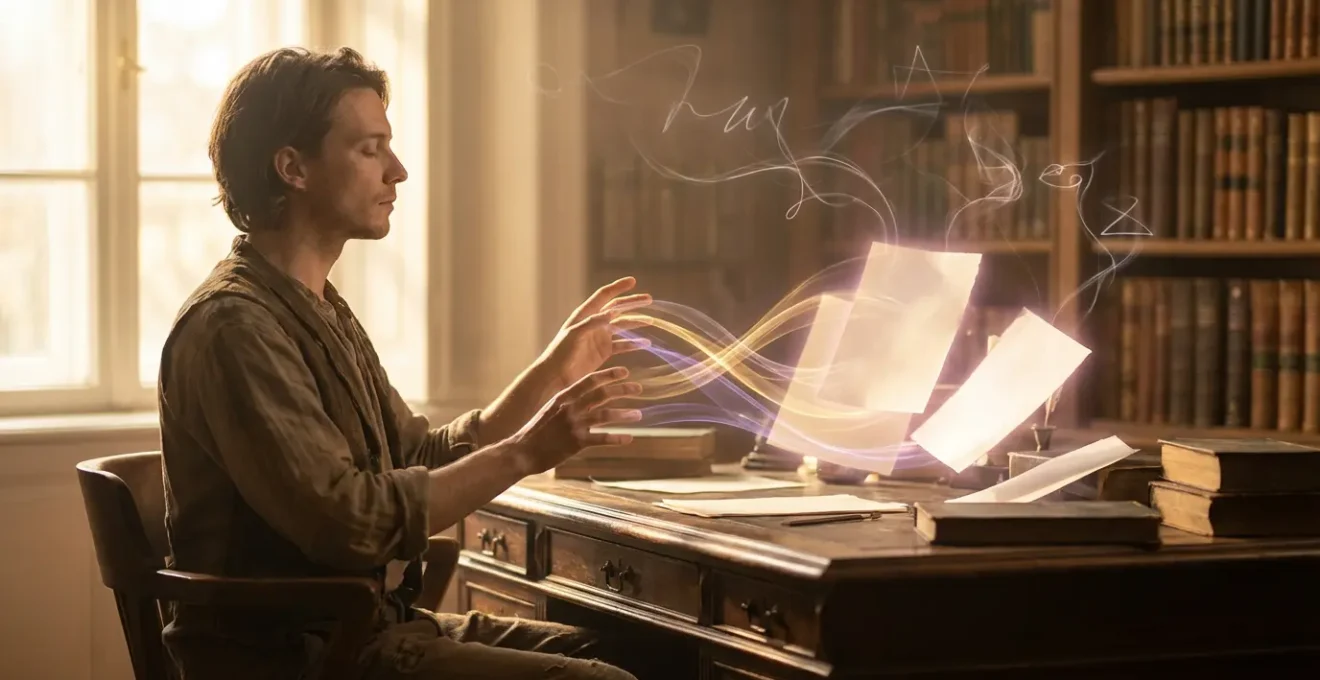 Artista in stato meditativo con energia luminosa che fluisce dalle mani verso un manoscritto