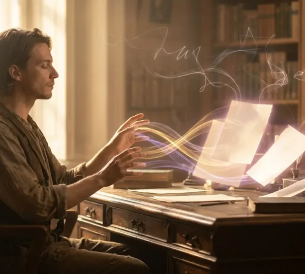 Artista in stato meditativo con energia luminosa che fluisce dalle mani verso un manoscritto