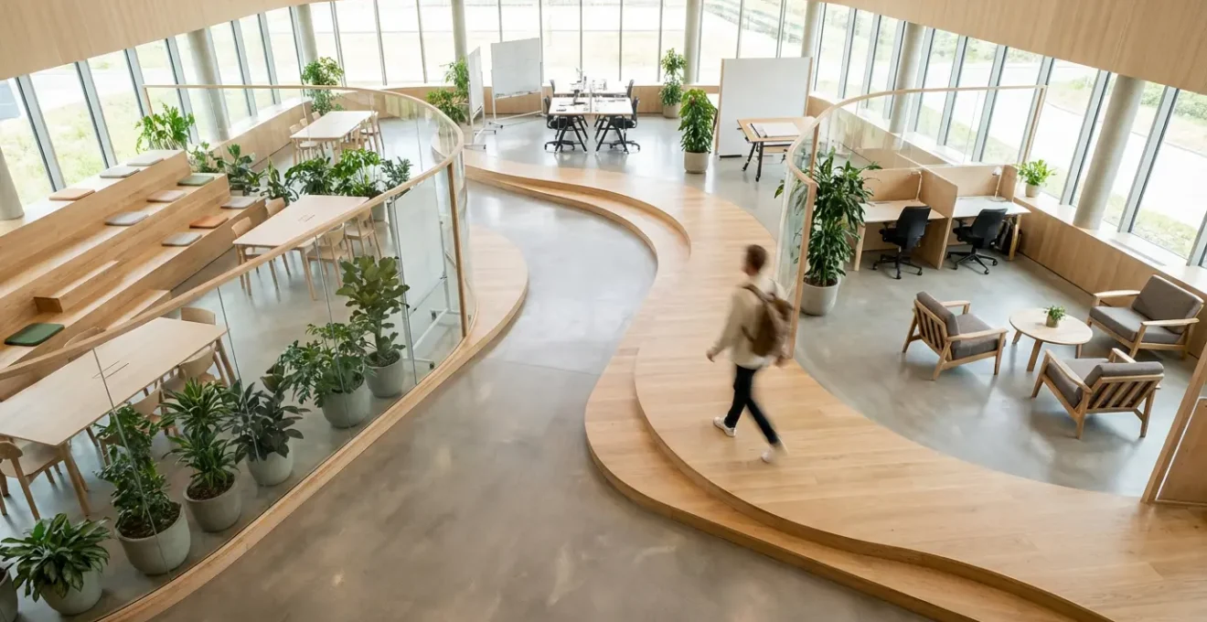 Professionista multitasking gestisce progetti diversi in spazi interconnessi