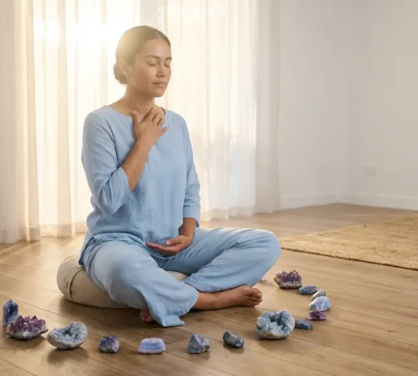 Persona con mano delicata sul collo che medita circondataovata da cristalli blu e viola