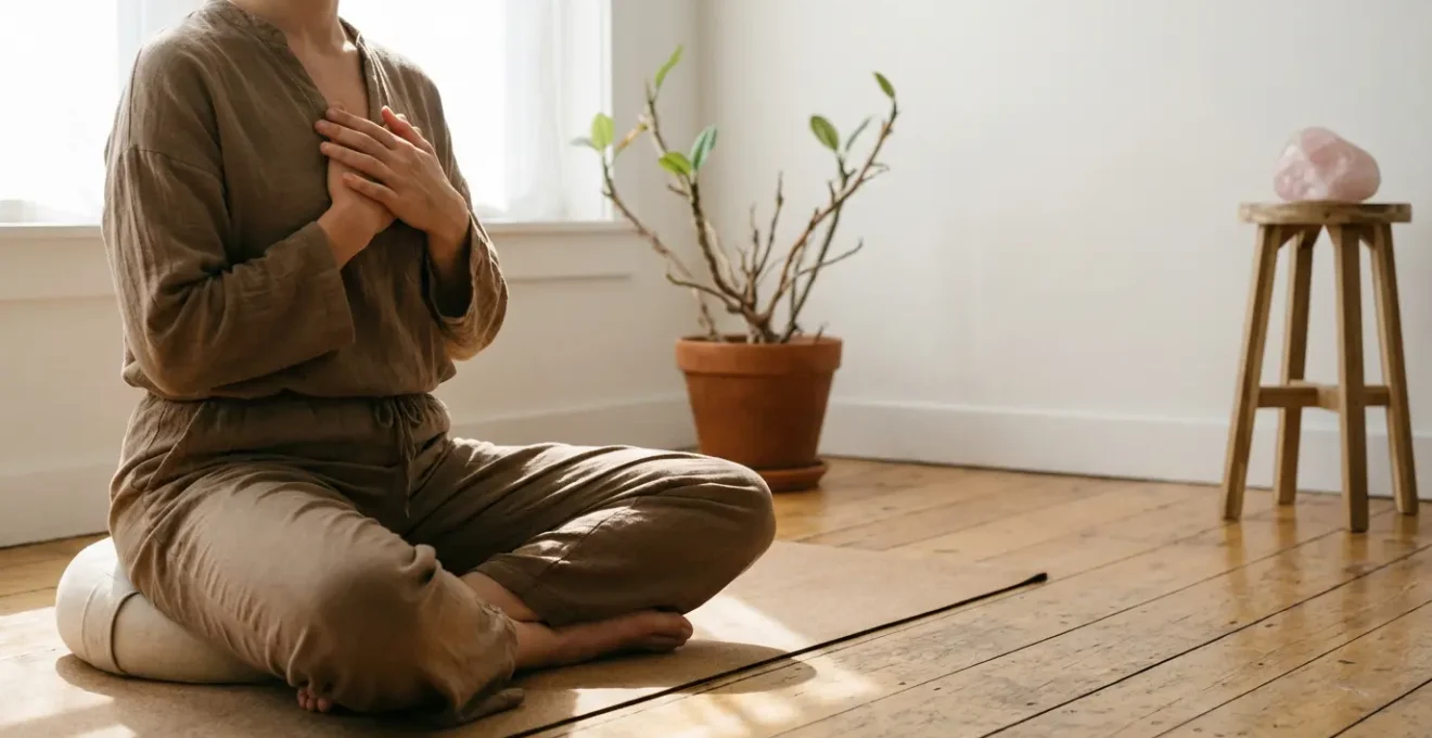 Meditazione del chakra del cuore con energia verde smeraldo e rosa che fluisce dal centro del petto