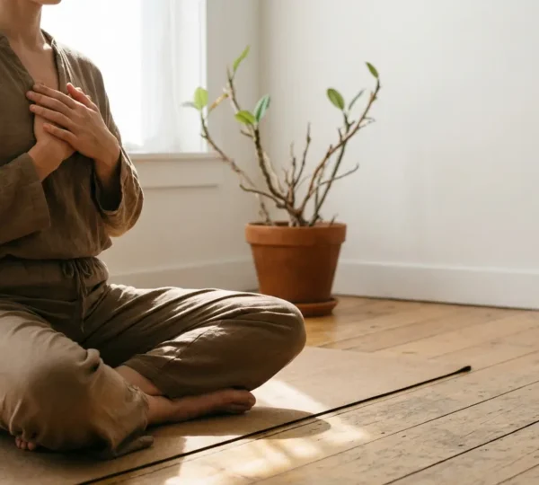 Meditazione del chakra del cuore con energia verde smeraldo e rosa che fluisce dal centro del petto