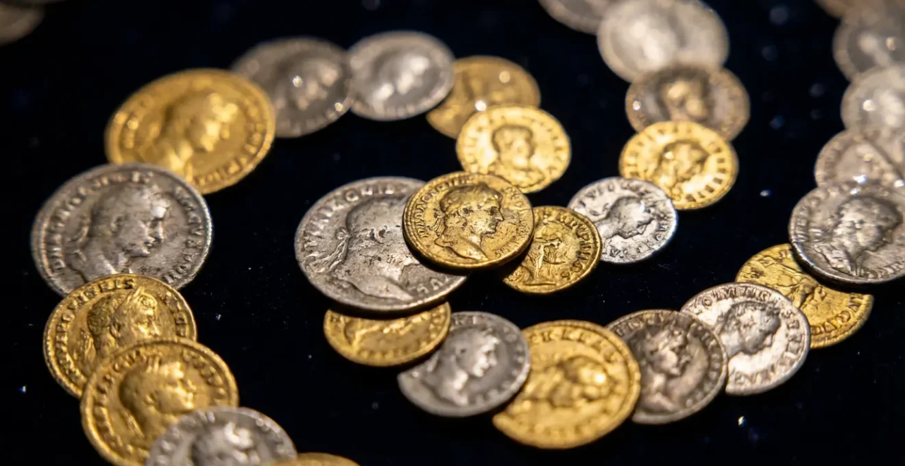 Monete e grafici finanziari con simboli astrologici sovrapposti