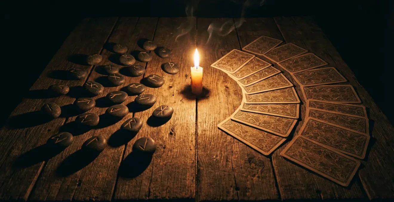 Tavolo rituale con rune di pietra da un lato e carte tarocchi dall'altro in penombra