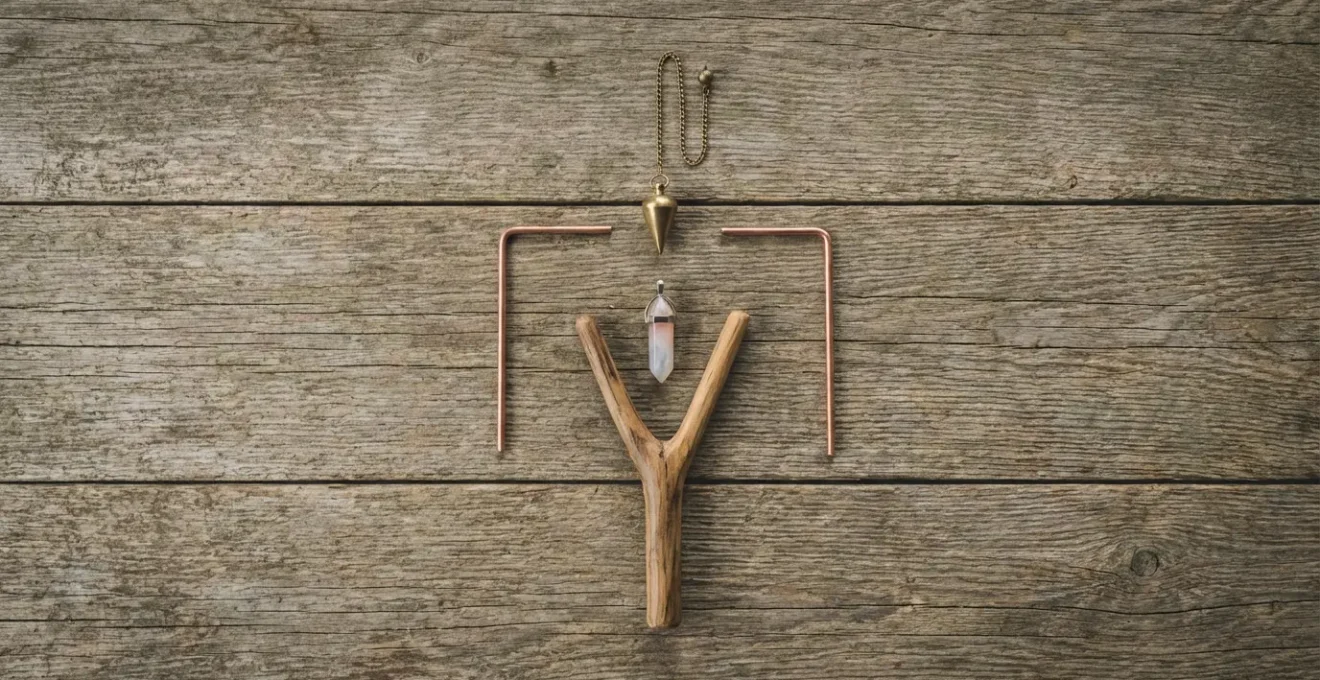 Diversi strumenti di radiestesia disposti su tavolo: pendolo, biotensor, bacchette