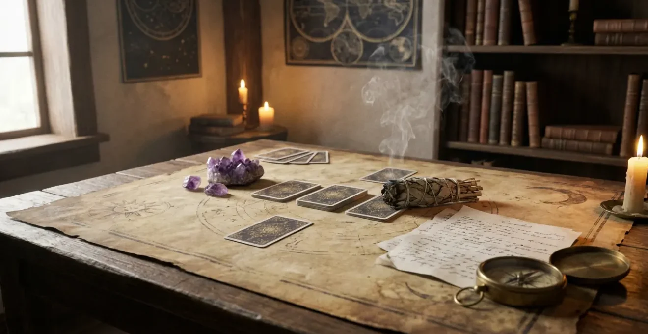 Consultazione astrologica personalizzata con carte e cristalli su tavolo di legno antico