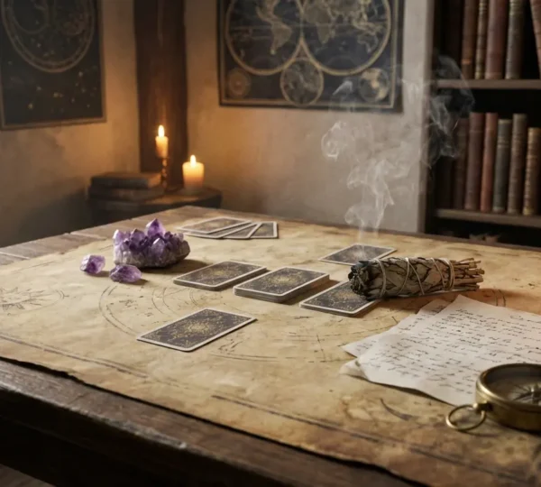Consultazione astrologica personalizzata con carte e cristalli su tavolo di legno antico