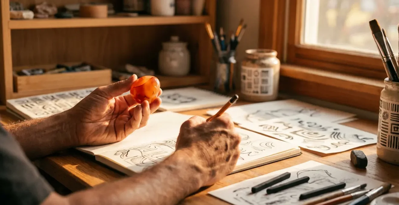 Mani creative che tengono una corniola arancione mentre lavorano su progetti artistici