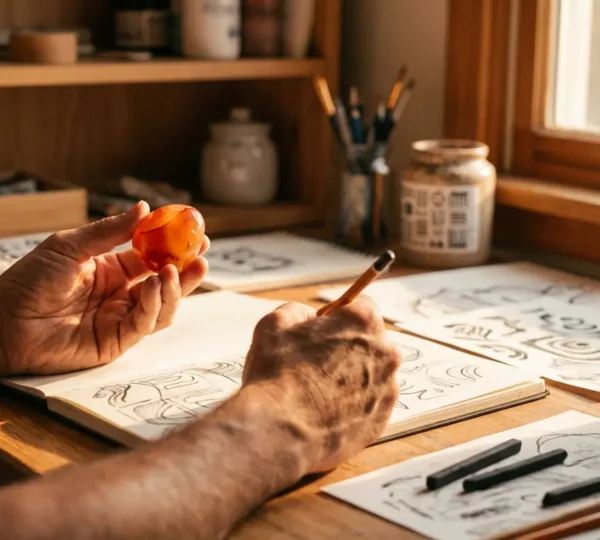 Mani creative che tengono una corniola arancione mentre lavorano su progetti artistici
