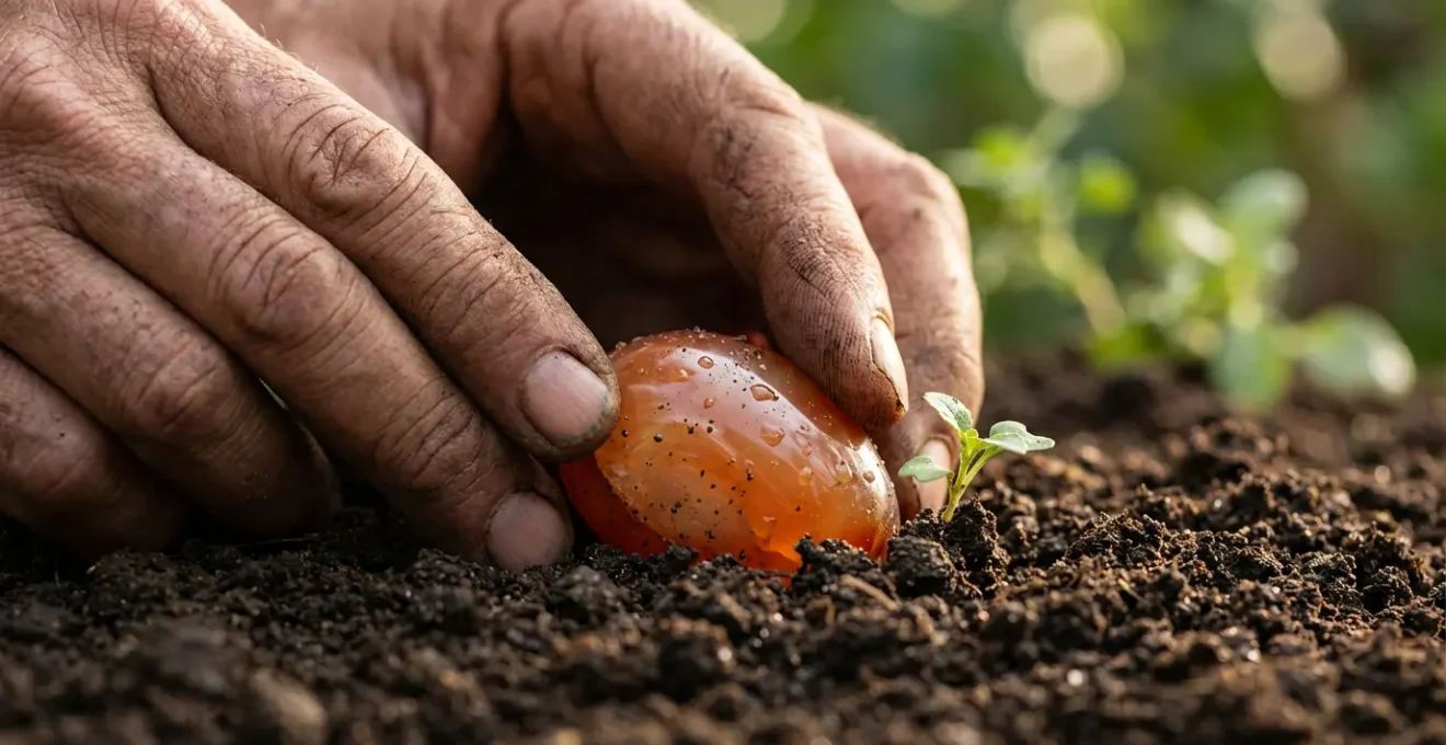 Mani che posizionano delicatamente una corniola nella terra fresca di un vaso