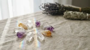 Cristalli curativi posizionati sull'addome per alleviare la gastrite nervosa