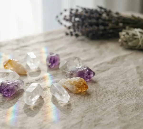 Cristalli curativi posizionati sull'addome per alleviare la gastrite nervosa