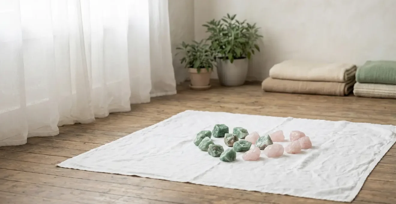 Aventurina verde e quarzo rosa posizionati sul petto per calmare l'ansia