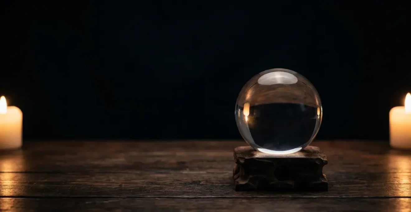 Una sfera di quarzo ialino su supporto in legno scuro illuminata da candele su sfondo scuro