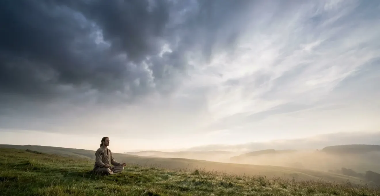 Persona che osserva pensieri come nuvole che passano, simbolo della defusione cognitiva.