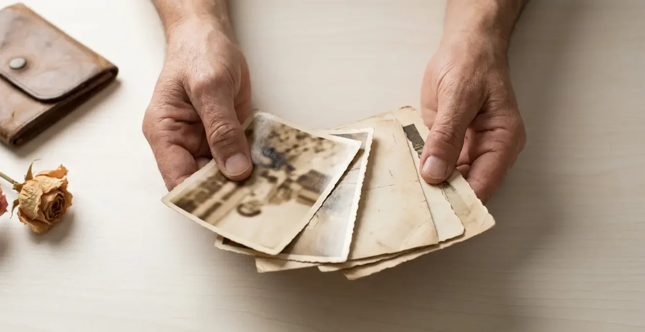 Mani che tengono delicatamente vecchie fotografie sfocate con luce naturale dalla finestra