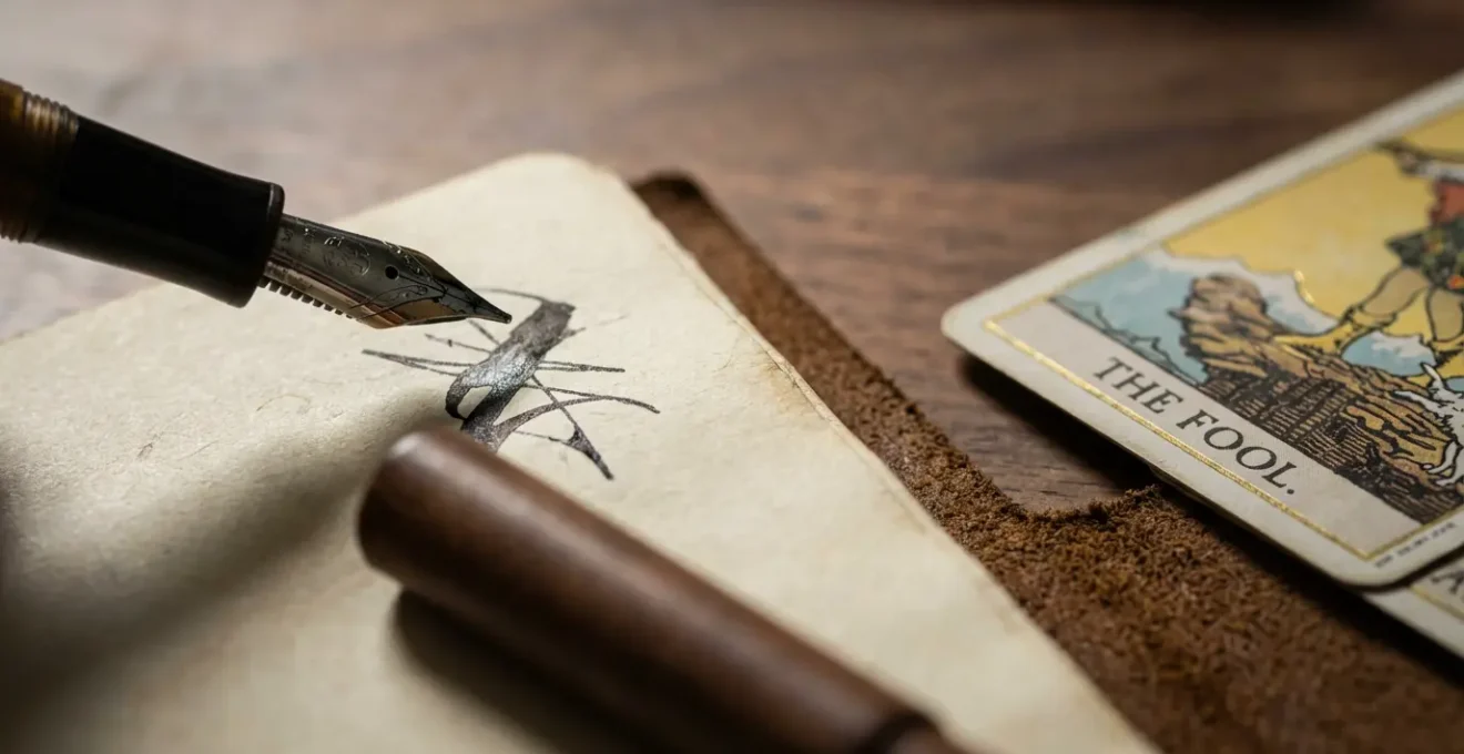 Primo piano di mano che scrive in un diario con carta dei tarocchi accanto