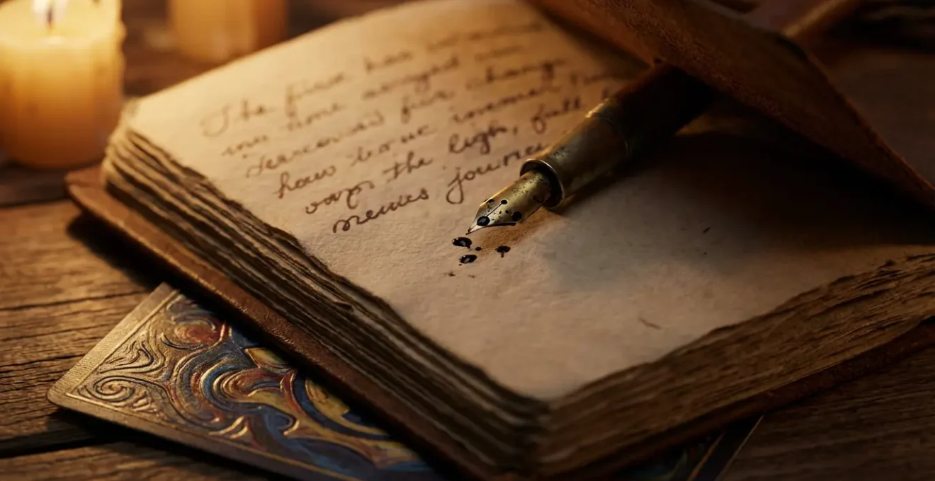 Un diario aperto con una penna stilografica accanto a carte dei tarocchi disposte, illuminato da luce di candela