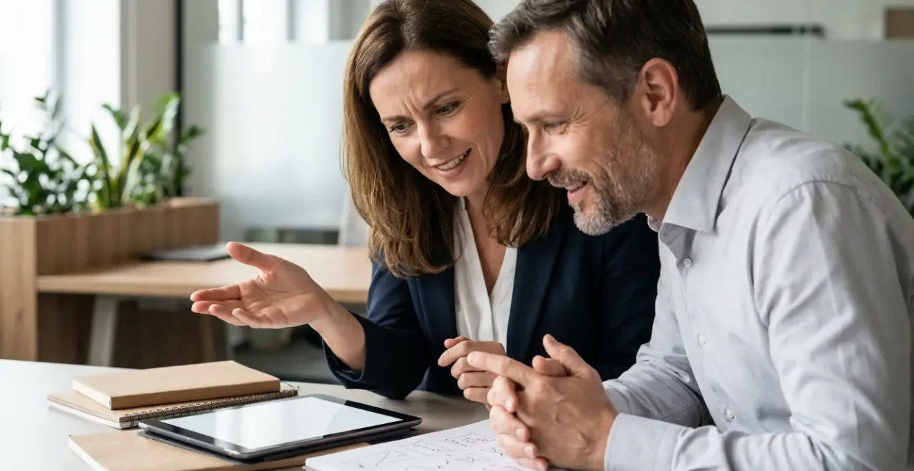 Due professionisti in dialogo creativo con energia visibile tra loro