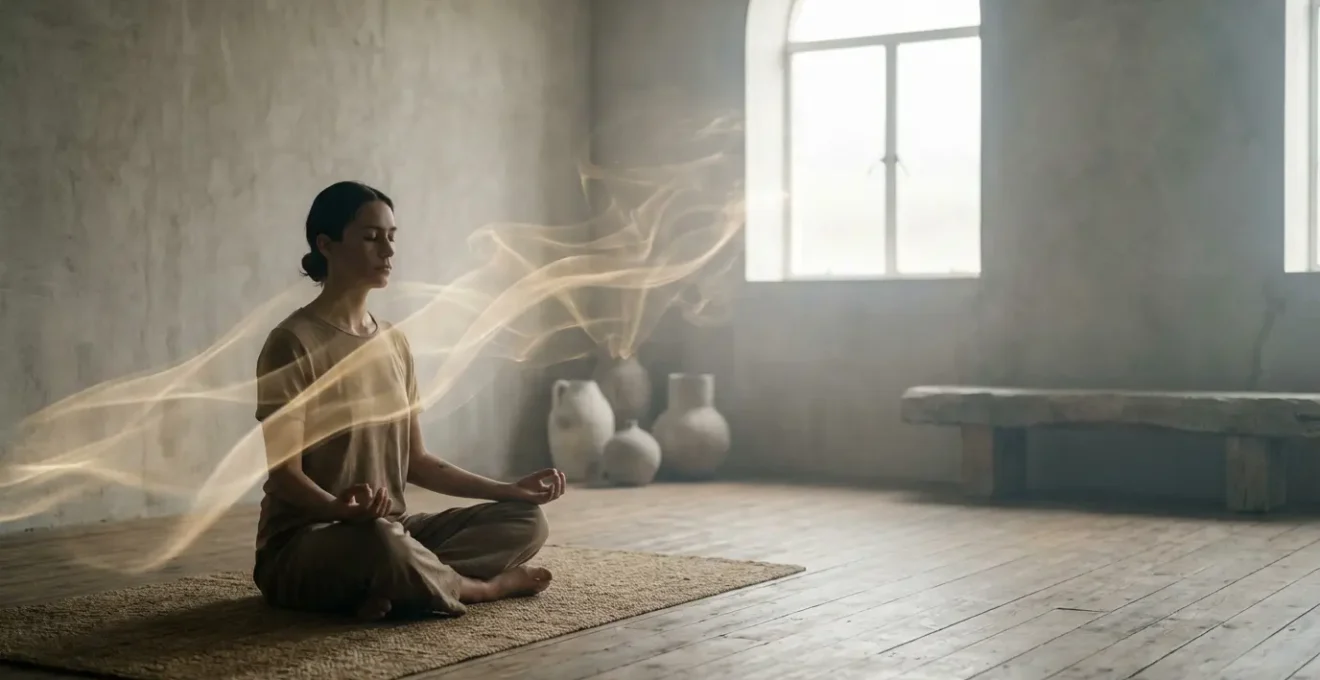 Persona in meditazione con energia luminosa spirituale circondante in ambiente sereno