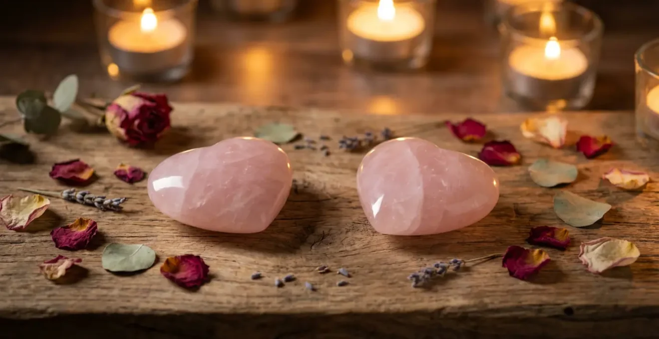 Due pietre di quarzo rosa a forma di cuore posizionate simmetricamente su un mobile in legno naturale con candele bianche