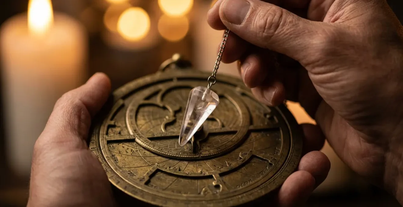 Dettagli ravvicinati di elementi per connessione astrologica: mani, cristalli e pendolo