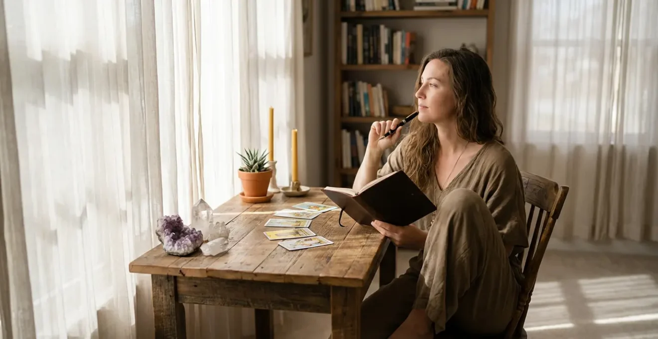 Donna che scrive una lettera a mano vicino a una finestra con piante e cristalli