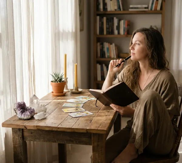 Donna che scrive una lettera a mano vicino a una finestra con piante e cristalli