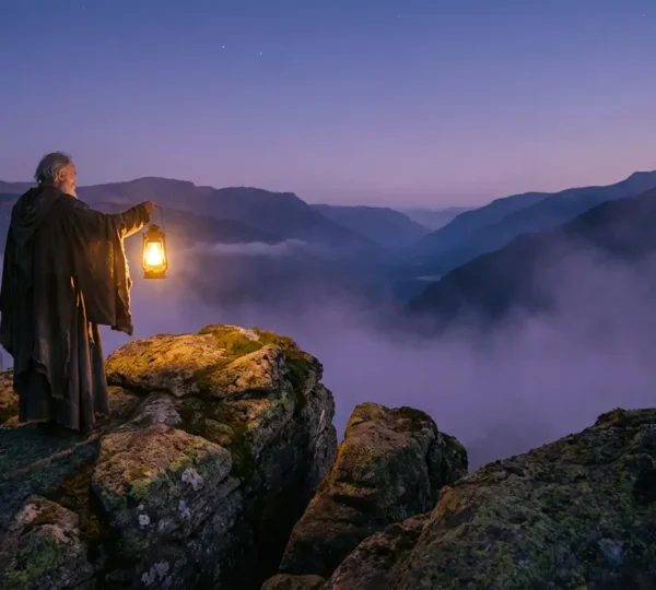 Un vecchio saggio con lanterna sulla cima di una montagna avvolta dalla nebbia durante il crepuscolo