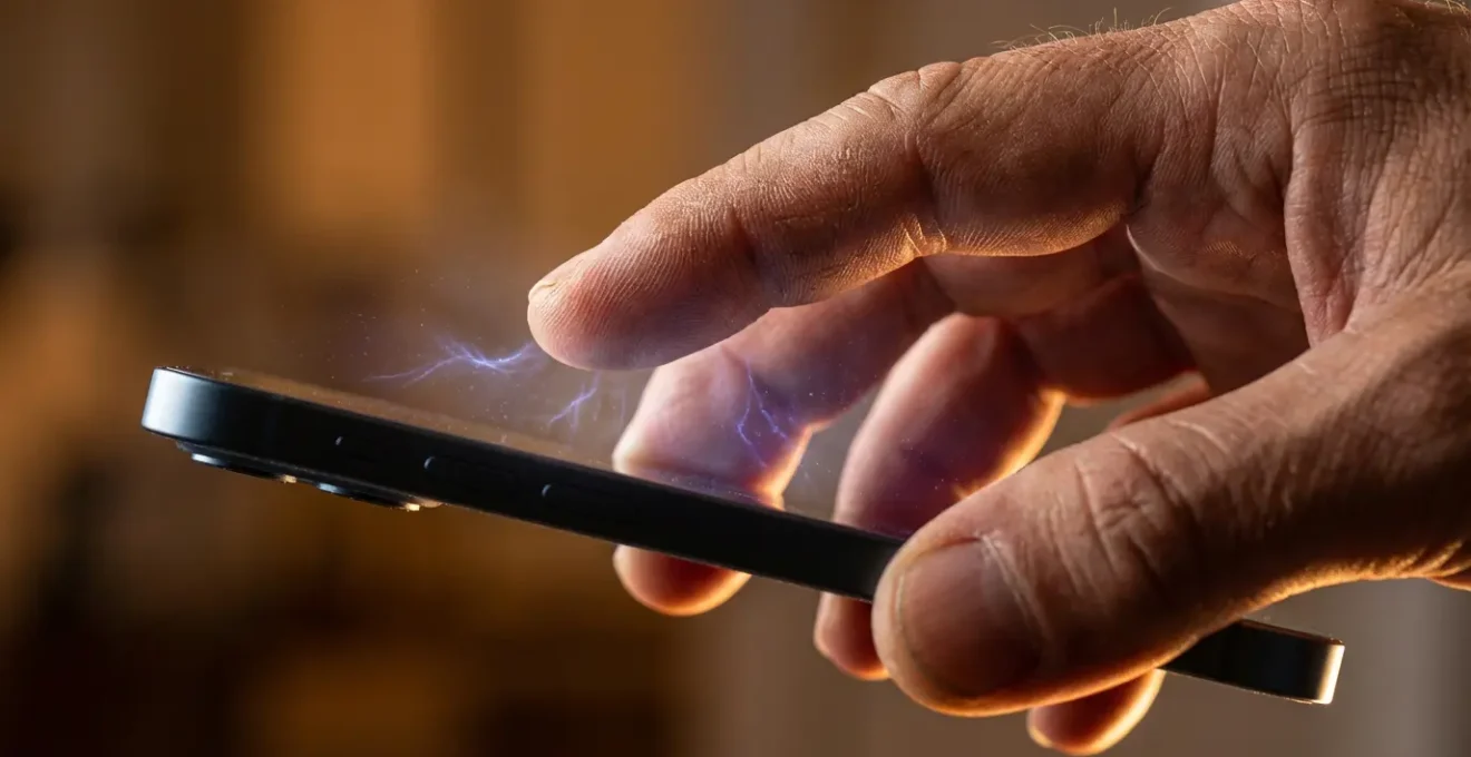 Mano sospesa sopra un telefono che squilla, con un'aura energetica che simboleggia l'intuizione che emerge prima del contatto.