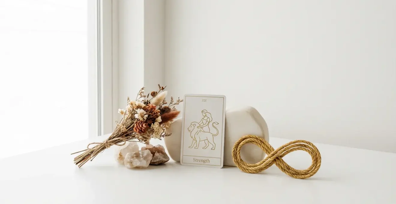 Composizione minimalista con carta della Forza e elementi naturali simbolici