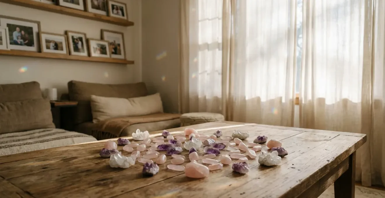 Griglia di cristalli disposta su tavolo in legno nel salotto per l'armonia familiare