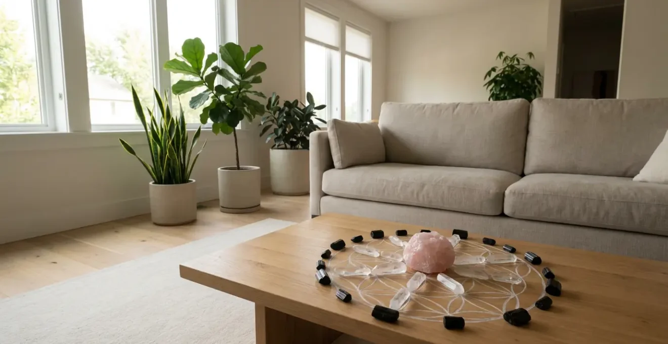 Disposizione di una griglia di cristalli in salotto per l'armonia familiare