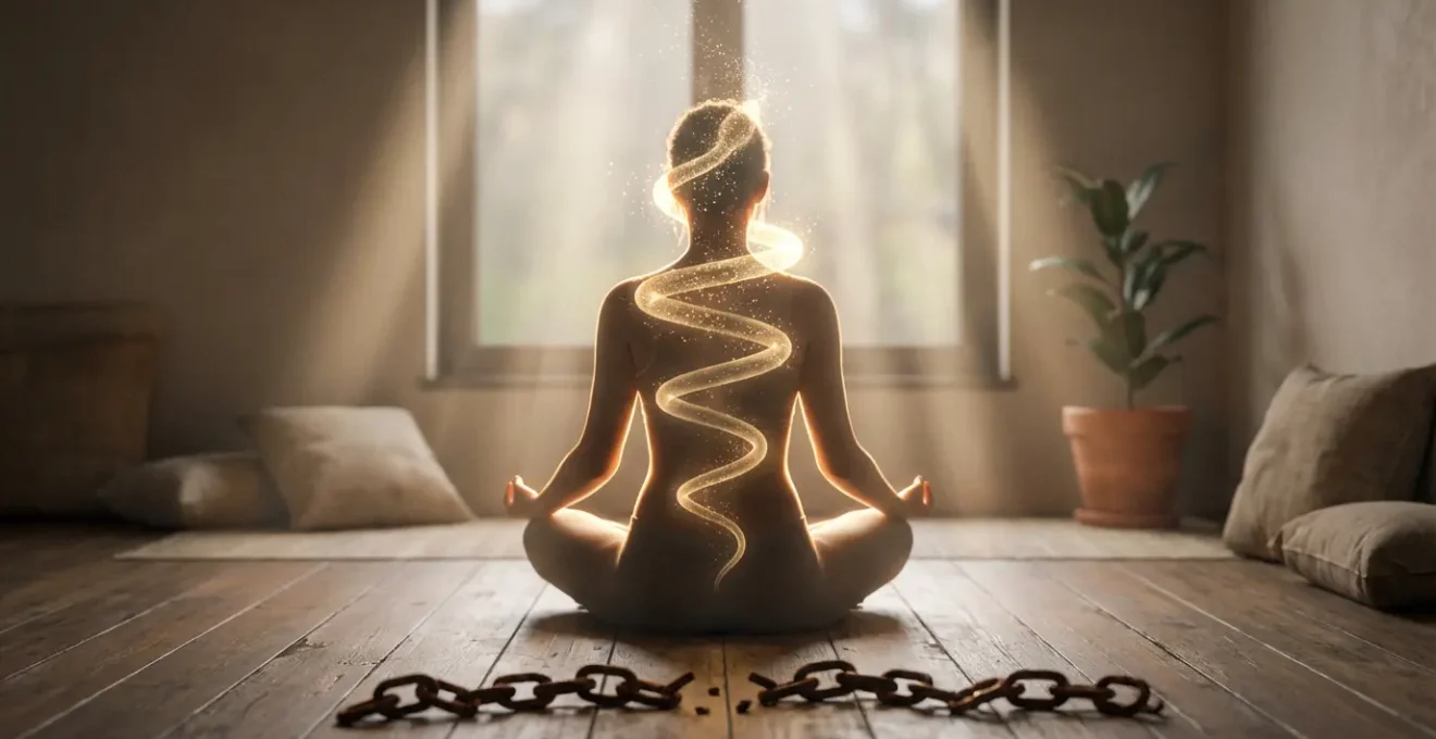 Persona in meditazione con energia luminosa che sale lungo la colonna vertebrale in forma spirale