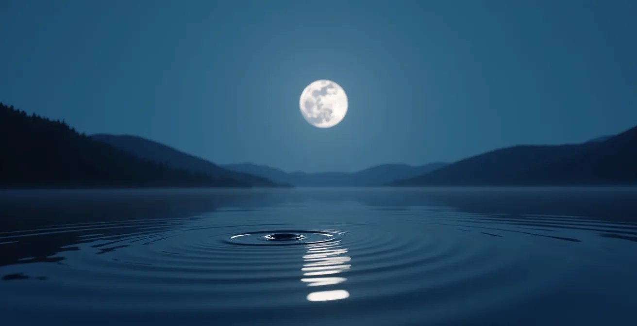 Diverse fasi lunari riflesse in acqua calma con mani che sfiorano la superficie creando onde concentriche