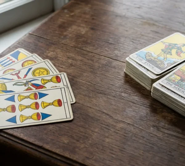 Due mazzi di tarocchi tradizionali affiancati su superficie di legno antico