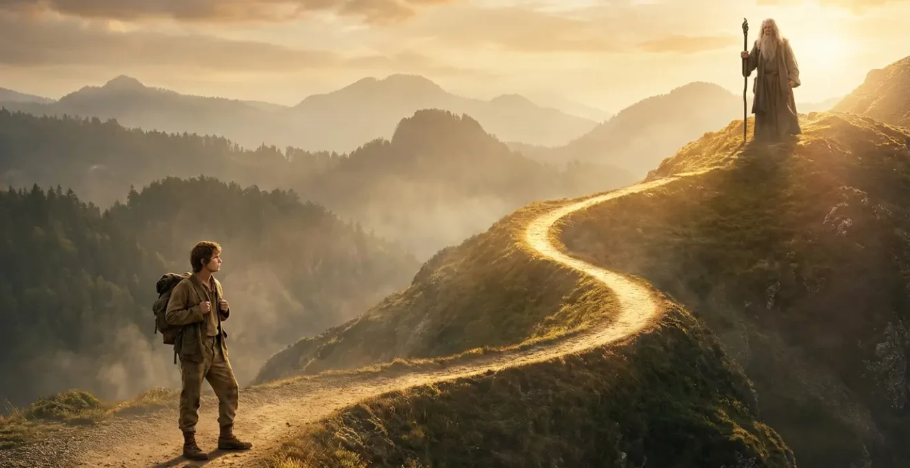 Due figure archetipiche su un sentiero di montagna, una giovane e una anziana, che rappresentano l'evoluzione del viaggio interiore