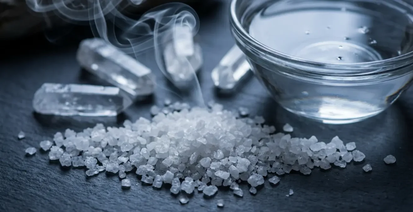 Cristalli disposti per la purificazione con sale, fumo di salvia e acqua lunare