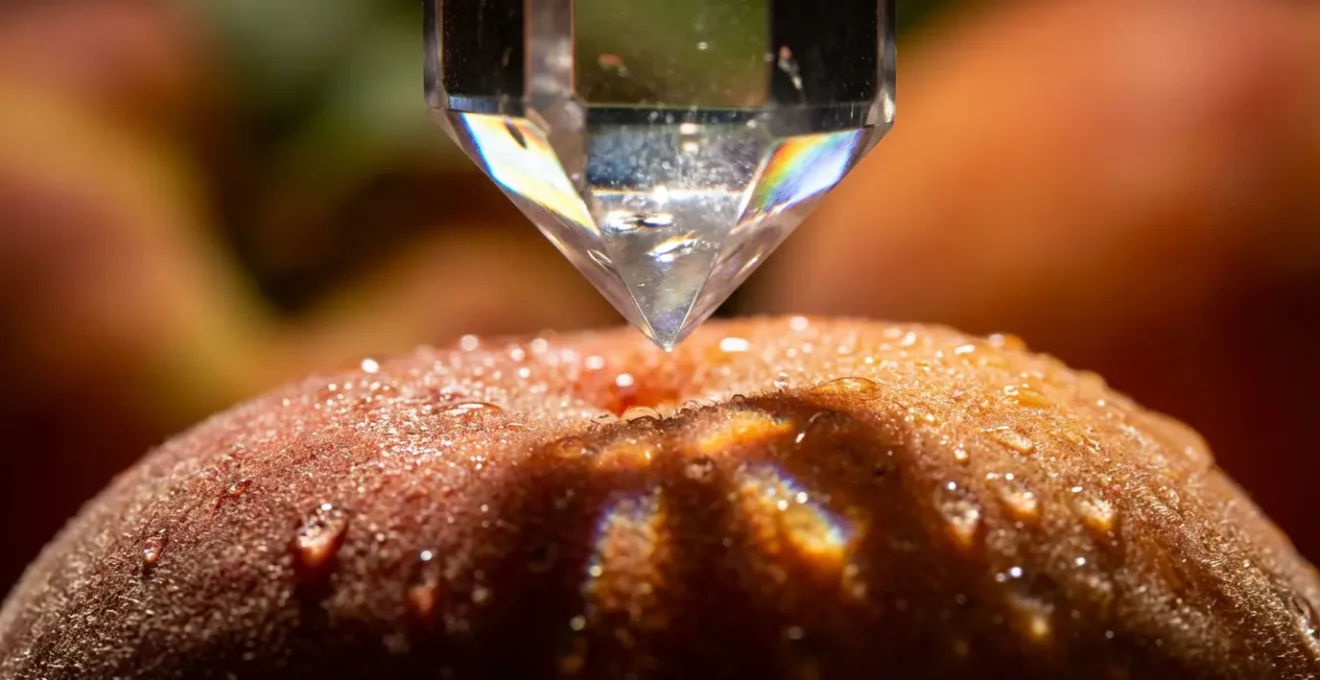 Dettaglio macro di un pendolo di cristallo sopra frutta fresca con texture visibili