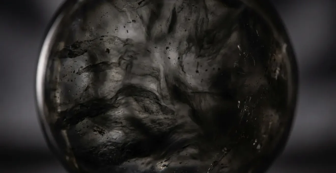 Primo piano estremo di una sfera di cristallo con nebbia scura all'interno