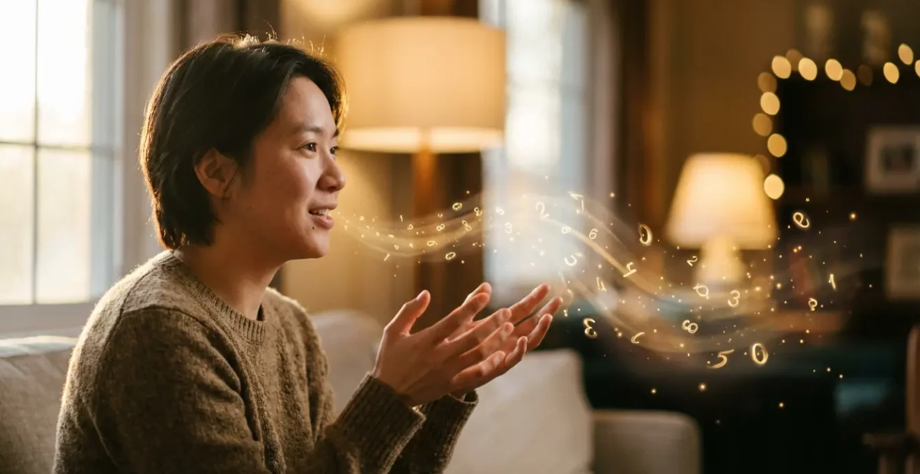 Persona che disegna numeri luminosi nell'aria con le mani mentre parla