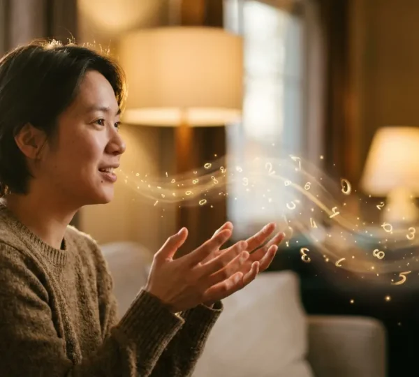 Persona che disegna numeri luminosi nell'aria con le mani mentre parla