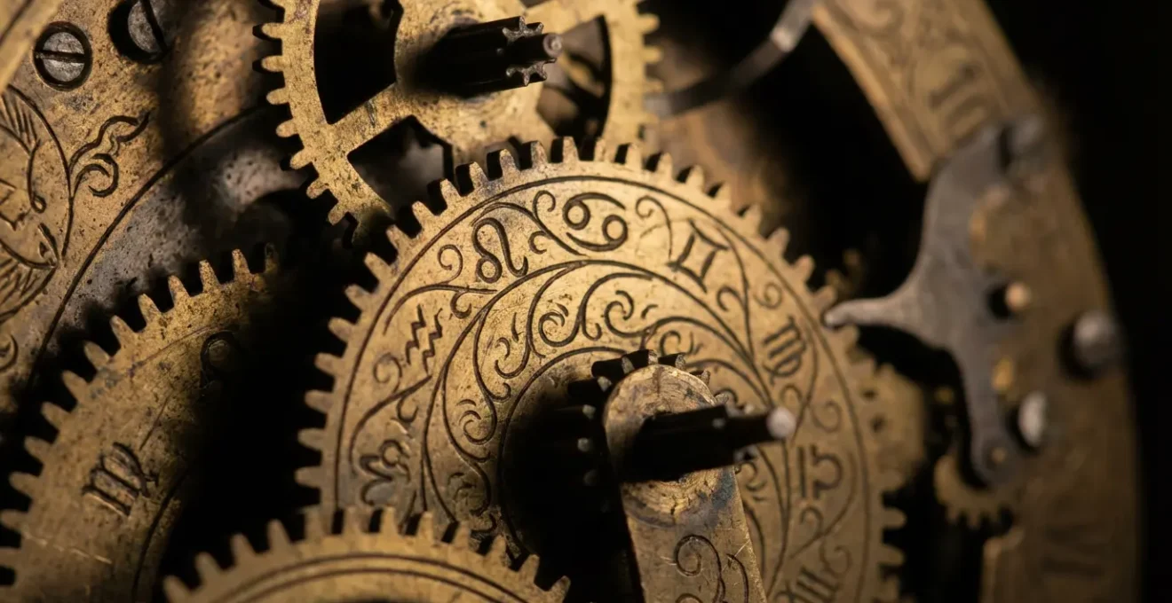 Macro dettaglio di antico orologio astronomico con ingranaggi e simboli zodiacali